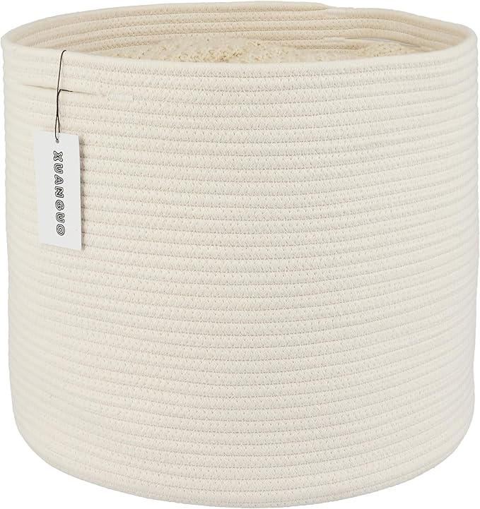 Cotton Rope Basket For Girls Boys Kids 16”X14” Baby Laundry Baskets Nursery Bin Round Woven Basket Organizer For Storage Toys Blankets Shoes Clothes white