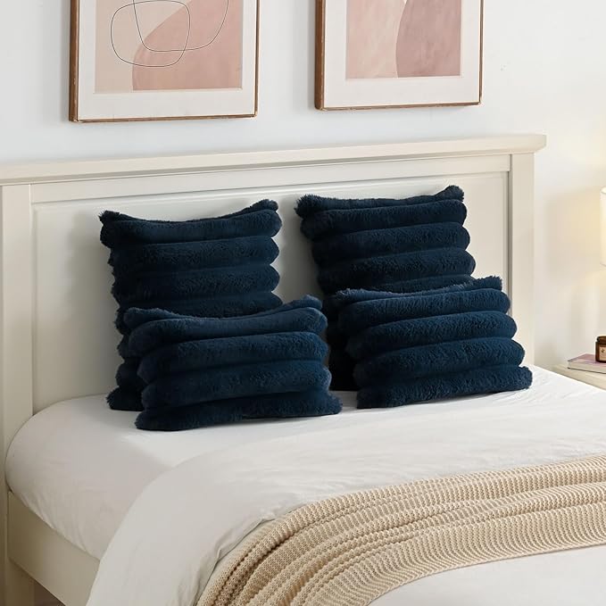 FUTEI Navy Blue Decorative Throw Pillow Covers 18x18 Inch Set of 2, Square Soft Faux Rabbit Fur Thick Striped Cushion Cover,Spring Home Decor for Couch Bed Living Room