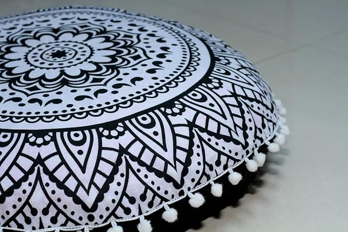 CRAFT KALA 32" Round Mandala Boho Pillow Cover Meditation India Room Seating Poufs Cover for Living Yoga Room Home Décor Bedroom Balcony Garden Decoration Cotton Floor Cushion Cover Black White Flower