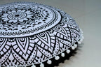 CRAFT KALA 32" Round Mandala Boho Pillow Cover Meditation India Room Seating Poufs Cover for Living Yoga Room Home Décor Bedroom Balcony Garden Decoration Cotton Floor Cushion Cover Black White Flower