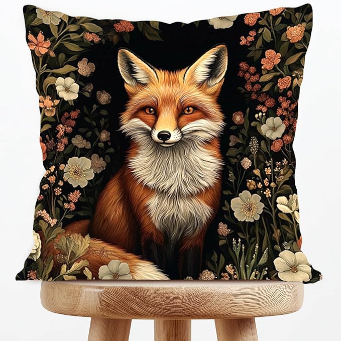 YOU FOUND ME William Morris Abstract Vintage Floral Fox Design Velvet Throw Pillow Covers Home Decor, Retro Art Decor Pillowcase Cushion Cover for Bed Sofa Living Room, Square 18x18inch (Orange-Fox2)