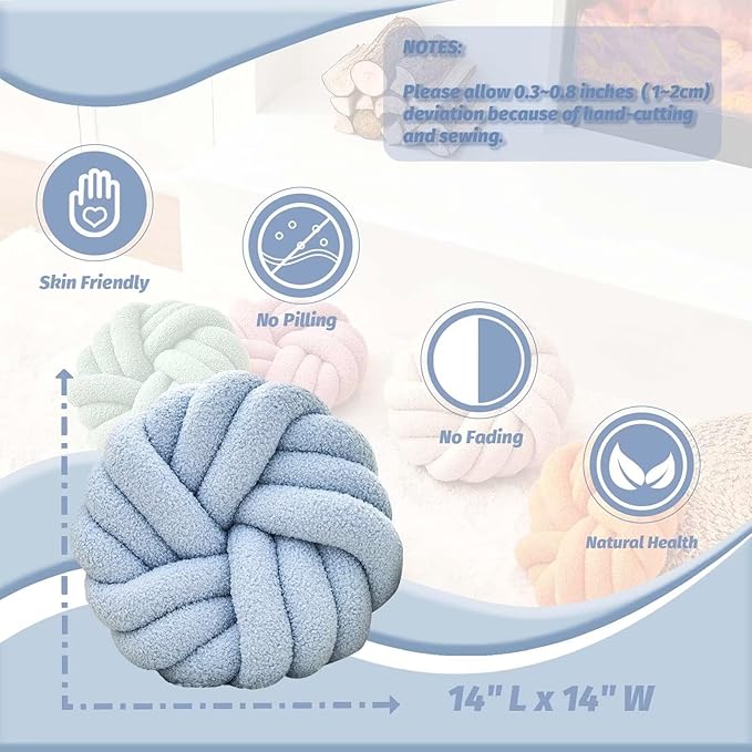 Uvvyui Knot Pillows, 14 Inch Decorative Throw Pillows Round Pillows Cushion, Soft Handmade Knotted Ball Pillow Plush Cushion Home Decor for Bed Couch Living Room (Dusty Blue, 14 Inch)