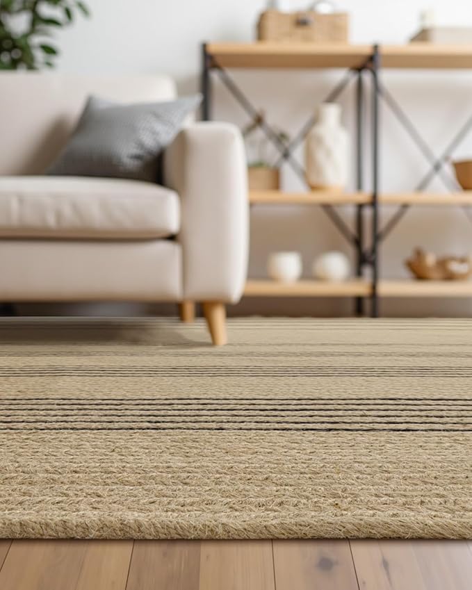 DEXI Jute Area Rug Natural Fiber 6x9 Oval, Woven Braided Durable Farmhouse Design Rugs for Living Room, Bedroom Dinning Room Office Outdoor Patio, Beige/Black