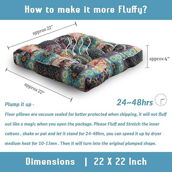 Boho Square Floor Seat Pillows Cushions 22" x 22", Soft Cotton Linen Bohemian Yoga Mandala Meditation Pouf Tatami Floor Pillow Cushion for Living Room Adults & Kids Casual Reading Nooks,Flowers Green