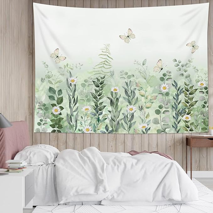 EOBTAIN Sage Green Leaves Tapestry Eucalyptus Leaf Botanical Plant Vintage Daisy Flowers Butterfly Floral Tapestries Simple Cottagecore Aesthetic Tapestry Wall Hanging Living Room Bedroom Dorm 60Wx40H