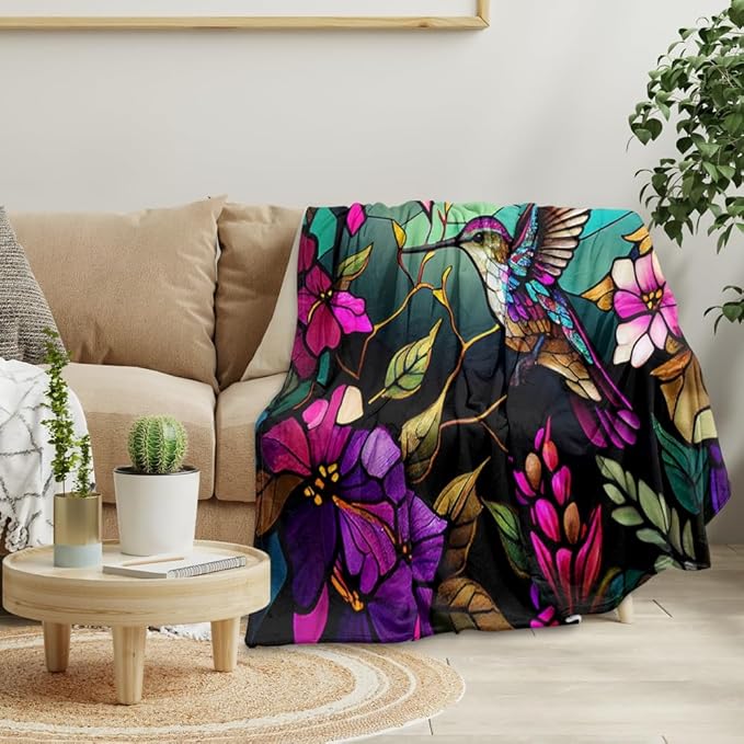 Hummingbird Floral Blanket Gifts for Women Kids Girls Mom Farmhouse Pink Flowers Bird Throw Blankets Home Bedroom Mother's Day Decor Soft Cozy Lightweight Plush Throw Blanket 40"x50"