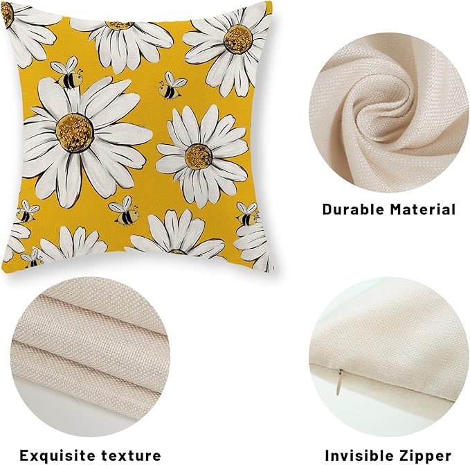 Summer Pillow Covers 18x18 Inch Set of 2 Yellow Daisy Sunflowers Floral Bee Pillow Covers Spring Outdoor Pillow Cases Linen Farmhouse Seasonal Cushion Covers Decor for Living Room Bedroom