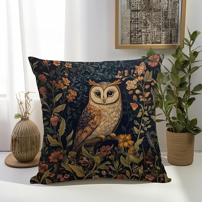 YOU FOUND ME William Morris Abstract Vintage Floral Velvet Owl Design Throw Pillow Covers Home Decor, Retro Art Decor Pillowcase Cushion Cover for Bed Sofa Living Room, Square 18x18inch (Brown-Owl)