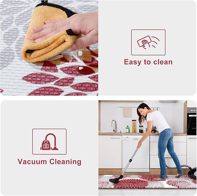 KIMODE Anti Fatigue Kitchen Mat, Cushioned Dahlia Floral Kitchen Runner, Non Slip Memory Foam Kitchen Mat for Floor, Waterproof Standing Desk Mat for Laundry, Office, Sink Red and Grey 17.3"x59"