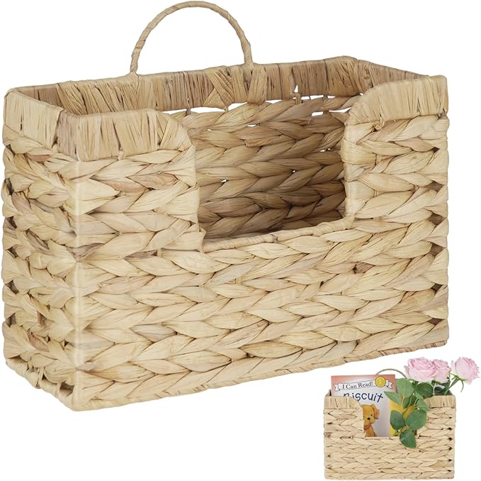 Hanging Basket for Wall, Rattan Woven Hanging Basket Front Door Decor, Water Hyacinth Mail Baskets Wall Mounted Storage Entryway Organizer for Living Room, Bedroom, Office, Housewarming Gift