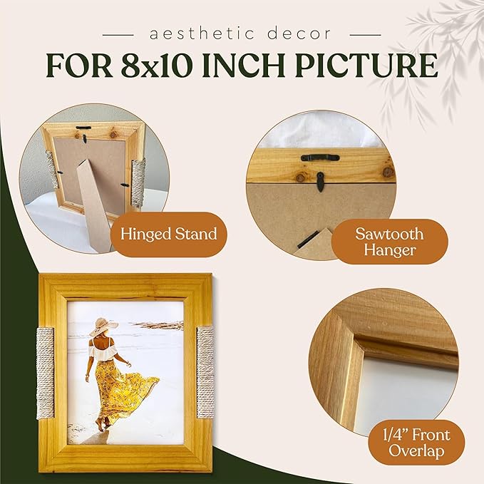 Boho Picture Frame for 8x10 Inch Photo or Artwork | 11x13 Outer Edge | Boho, Coastal, or Modern Photo Frame, Wooden Decorative Frame with Tabletop Stand and Wall Mount | Golden Brown