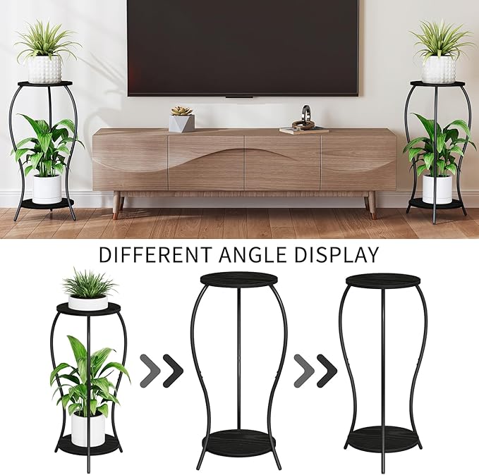 Plant Stand Indoor, 2 Tier Round Tall Plant Stand, Flower Pot Stand, Plant Shelf Rack, Corner Plant Stand for Planter Garden Balcony Patio Living Room, Black
