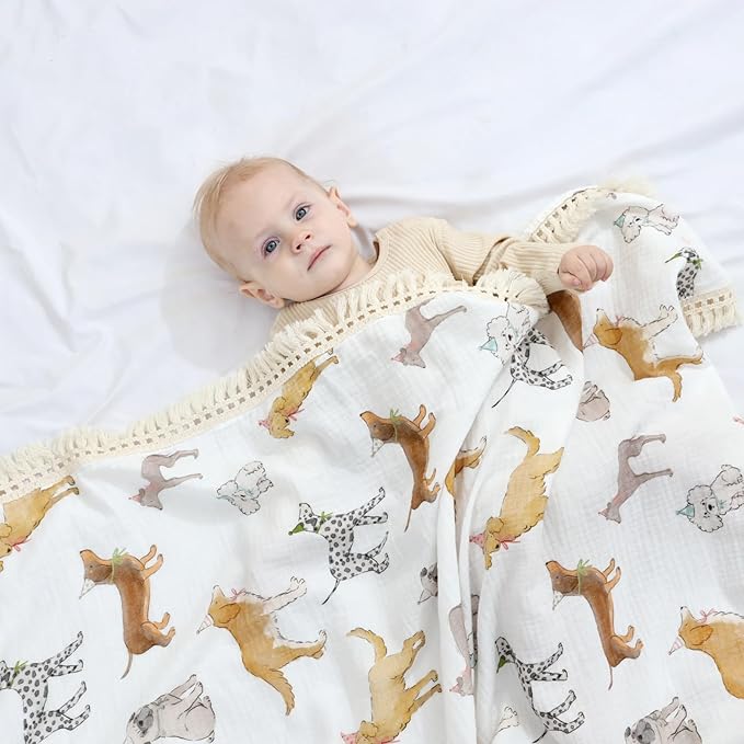 insular Cotton Muslin Baby Blanket with Tassel, Boho Bohemian Muslin Swaddle Blanket Baby Receiving Blanket with Fringe, Nursery Decor Throw or Nursing Blankets, 47" x40”, Party Dogs