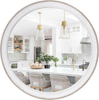 sawsile Round Wood Mirror,32 inch Circle Rustic Farmhouse White Wooden Frame Boho Beads Wall Mirror for Bathroom,Living Room,Bedroom or Entryway