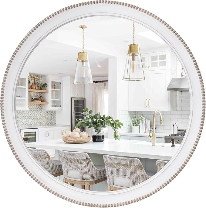 sawsile Round Wood Mirror,28 inch Circle Rustic Farmhouse White Wooden Frame Boho Beads Wall Mirror for Bathroom,Living Room,Bedroom or Entryway