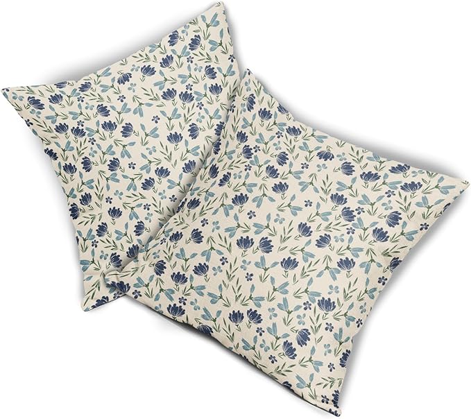 Green Teal Navy Blue Floral Pillow Covers 16x16 Set of 2 Vintage Rustic Old Style Cute Small Flower Print Decorative Outdoor Pillowcases Farmhouse Throw Cushion Case Decor for Couch Sofa Bed