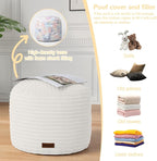 MeMoreCool Stuffed Round Pouf Ottoman Foot Rest, Soft Plush Floor Pouf Foot Stool, Corduray Footstool Footrest, Small Round Ottoman for Living Room Couch Sofa Chair, 20x15 Inch Beige