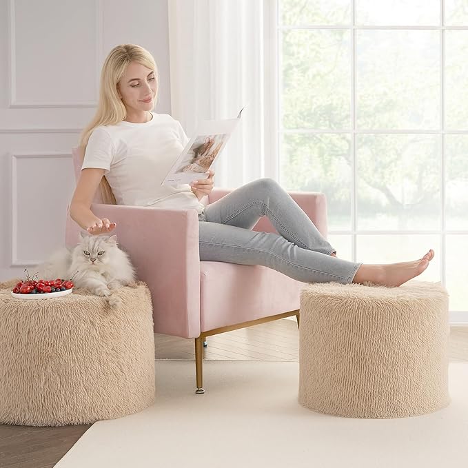 Hansleep Round Pouf Ottoman Foot Rest, 17 x 14 Small Faux Fur Stuffed Pouf for Chair, Foam Filled Foot Stools Ottomans for Living Room, Brown