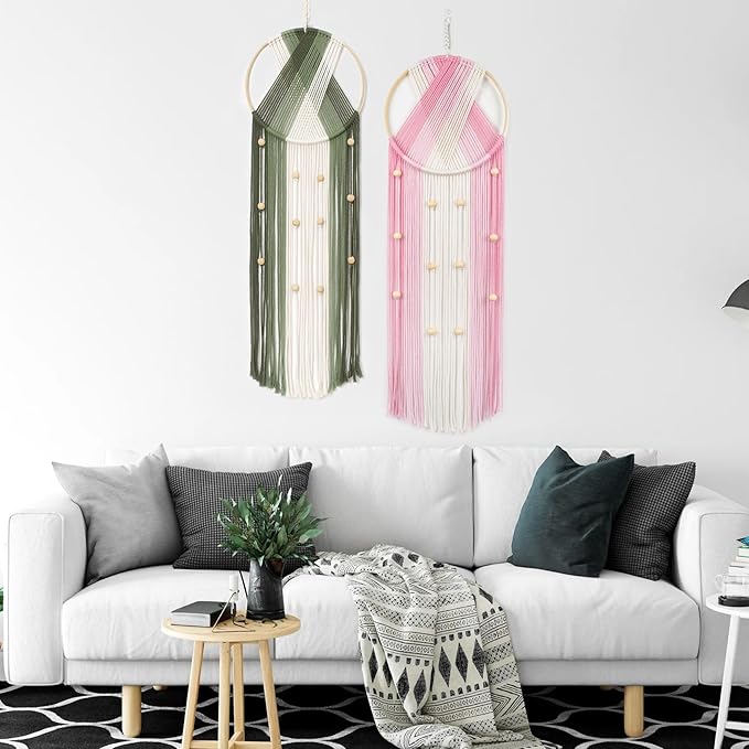 LB 2Pc Boho Macrame Wall Hanging Modern Aesthetic Wall Decor Pink and Green Hand Woven Cotton Macrame Wall Art with Wood beads Boho Tapestry for Home, Bedroom, Living Room