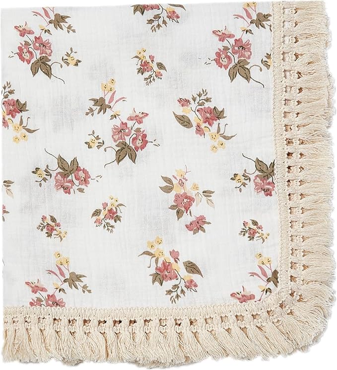 insular Cotton Muslin Baby Blanket with Tassel, Boho Bohemian Muslin Swaddle Blanket Baby Receiving Blanket with Fringe, Nursery Decor Throw or Nursing Blankets, 47" x40”, Floral