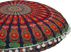 CRAFT KALA Round Mandala Boho Pillow Cover Meditation India Room Seating Poufs Cover for Living Room Yoga Room Home Décor Bedroom Balcony Garden Decoration Cotton Floor Cushion Cover 22", Multi Mirchi