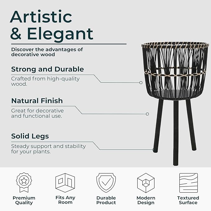 Set of 3 Woven Basket Decorative Planter Pot – Bamboo & Pine Wood Outdoor & Indoor Plant Pot – Modern Boho Garden and Home Decor Planters – 19", 23", & 26", Black