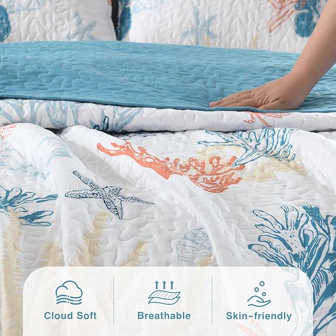 HORIMOTE HOME Coastal Quilt Bedding Set King Size, Reversible Summer Beach Quilt Lightweight Ocean Nautical Comforter Tropical Bedspread Coverlet with 2 Pillow Shams for All Seasons (106"x96")