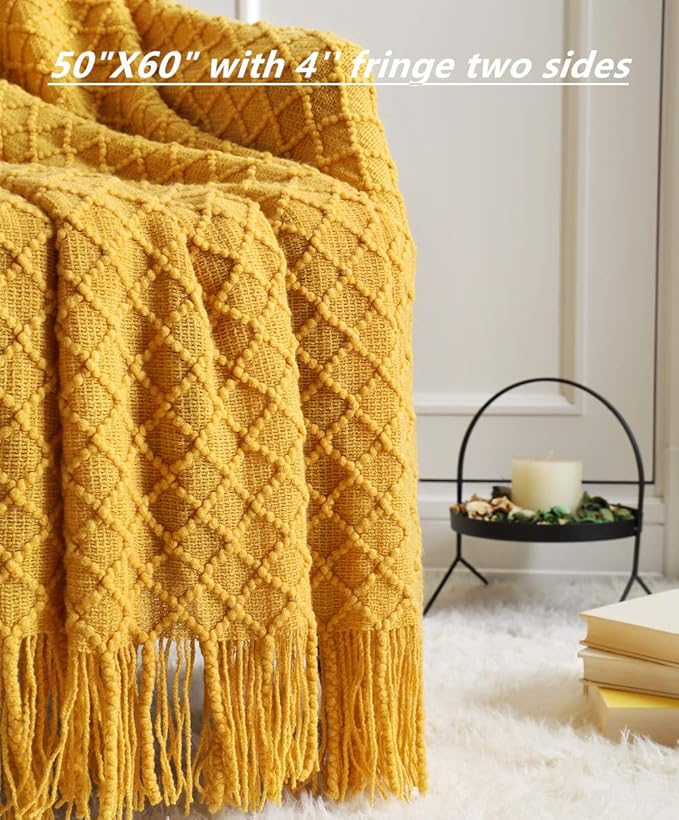 CREVENT Knitted Decorative Throw Blanket for Couch Sofa Chair Bed，Soft Warm Cozy Light Weight for Spring Summer (50''X60'' Mustard Yellow)