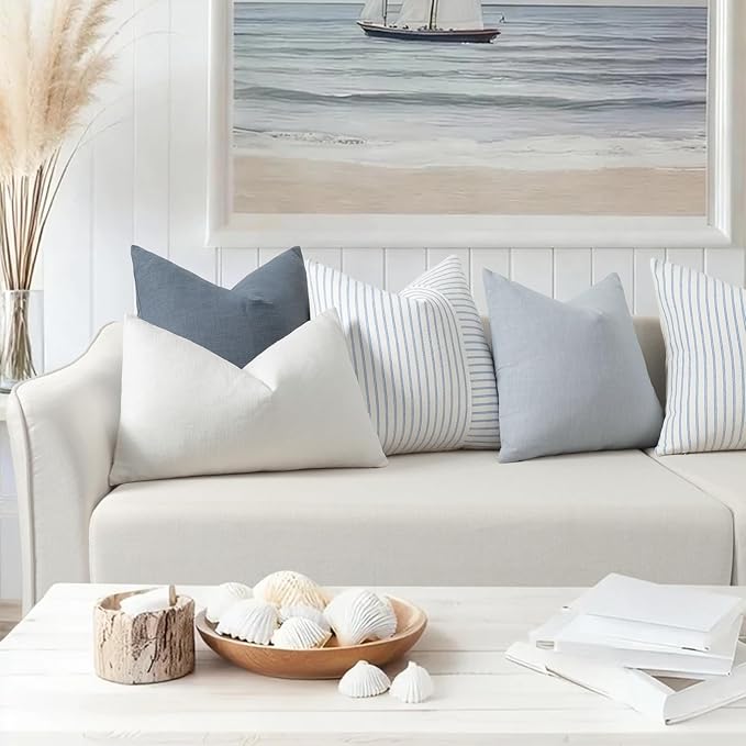 YCOLL Farmhouse Pillow Covers 16x16, Modern Accent Square Throw Pillow Covers Set of 2, Light Blue and Beige Striped Patchwork Linen Decorative Cushion Covers for Couch Chair Bedroom Home Decor