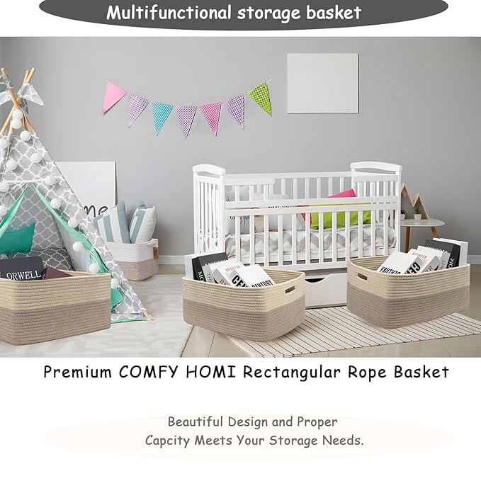 COMFY-HOMI Cotton Rope Woven Basket with Handles for Shelves,Toys,Book, Cloth Storage Baskets for Organizing-17" x 13" x 7.5" Toy Decorative Organizer for Living Room, Bathroom （Beige brown）