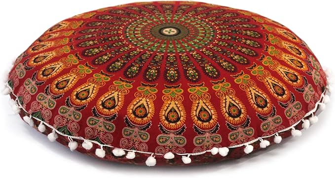ICC 32 Inch Floor Pillows & Cushion Covers, Decorative Hippie Mandala Pouf Pillow Cover Bohemian Seating Meditation Cushion Cover, Large Boho Ottoman Case Pillowcase for Couch Round (Red)