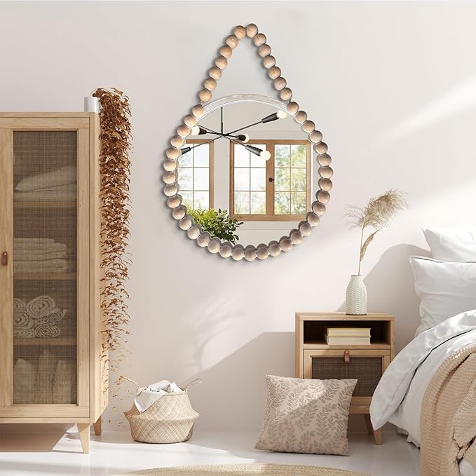 POZINO Wood Beaded Round Mirror, 24" Farmhouse Hanging Rustic Mirrors with Rope, Spherical Frame Rounded Wall Mirror, Boho Circle Mirrors for Bathroom Bedroom Living Room Hallway Entryway Fireplace