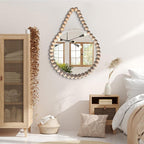POZINO Wood Beaded Round Mirror, 24" Farmhouse Hanging Rustic Mirrors with Rope, Spherical Frame Rounded Wall Mirror, Boho Circle Mirrors for Bathroom Bedroom Living Room Hallway Entryway Fireplace