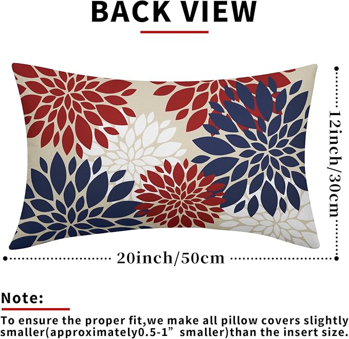4th of July Blue Red White Pillow Covers 12X20 Inch Set of 2, Modern Geometry Dahlia Floral Print Holiday Decorative Throw Pillow Covers Outdoor Farmhouse Cushion Case for Couch Sofa Bed Decor