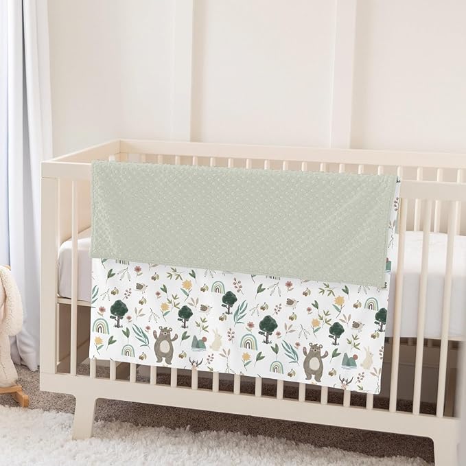 Whimsical Animals Baby Blankets for Girl Boy Cute Animals Spring Soft Mink Dotted Backing Double Layer Swaddle Blanket Bear Deer Bunny Rainbow Greenery Bed Throw for Infant Toddler Nursery 30x40