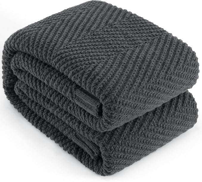Knitted Throw Blanket 50"X60", Dark Grey Knit Throws for Bed, Super Soft Boho Chevron Blankets for Couch Sofa Chair Room Decor, Textured Decorative Farmhouse Cozy Lightweight