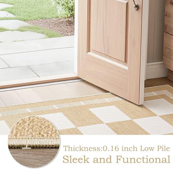 Vasofe Washable Small Entry Rug, 2x3 Checkered Jute Rugs Outdoor Indoor Front Door Mat, Non-Slip Bedroom Entrance Doorway Kitchen Mats, Plaid Farmhouse Porch Carpet, Khaki and White
