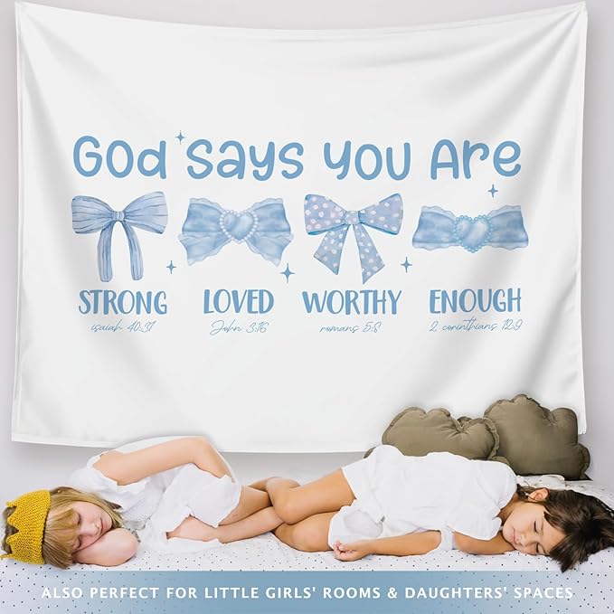LIANGW Preppy Blue Bow Christian Tapestry, God Says You Are Inspirational Scripture Wall Art, Bible Bow Aesthetic for Girls Bedroom for Dorm Room, Based Blue Room Decor Aesthetic 50x60 inch