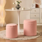 Round Ottoman with Storage Set of 2 - Upholstered Sherpa Vanity Stool for Makeup Multifunctional Ottomans Coffee Table Padded Seat Foot Rest for Living Room & Bedroom (Sherpa Pink)