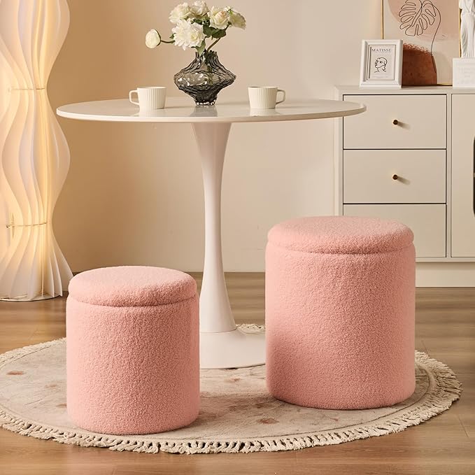 Round Ottoman with Storage Set of 2 - Upholstered Sherpa Vanity Stool for Makeup Multifunctional Ottomans Coffee Table Padded Seat Foot Rest for Living Room & Bedroom (Sherpa Pink)