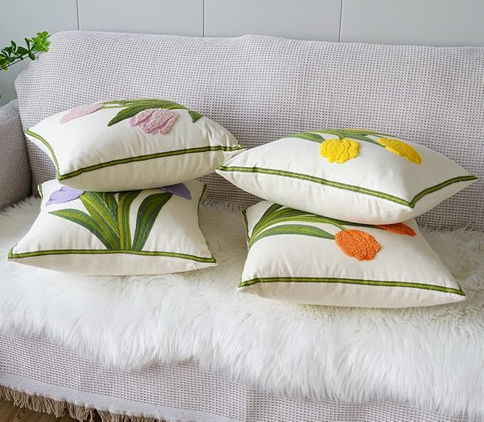 vctops Farmhouse Tulip Cotton Tufted Throw Pillow Cover Spring Floral Embroidery Pillowcase Soft Square Cushion Case for Sofa Couch Bed Chair (Orange,18"x18")