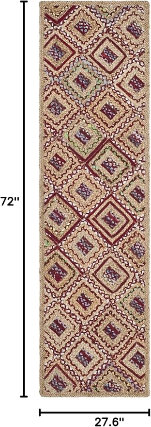 SAFAVIEH Cape Cod Collection Runner Rug - 2'3" x 6', Natural & Red, Handmade Flat Weave Diamond Braided Jute & Denim, Ideal for High Traffic Areas in Living Room, Bedroom (CAP354B)