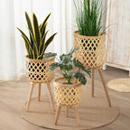 3 Pieces Rattan Woven Indoor Plant Stand, Boho Plant Stand,Woven Plant Pot on Wooden Standing Legs,Indoor/Outdoor Plant Stand for Living Room Balcony Decor