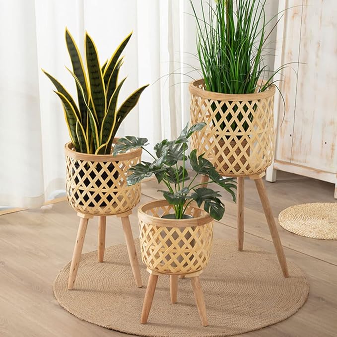 3 Pieces Rattan Woven Indoor Plant Stand, Boho Plant Stand,Woven Plant Pot on Wooden Standing Legs,Indoor/Outdoor Plant Stand for Living Room Balcony Decor