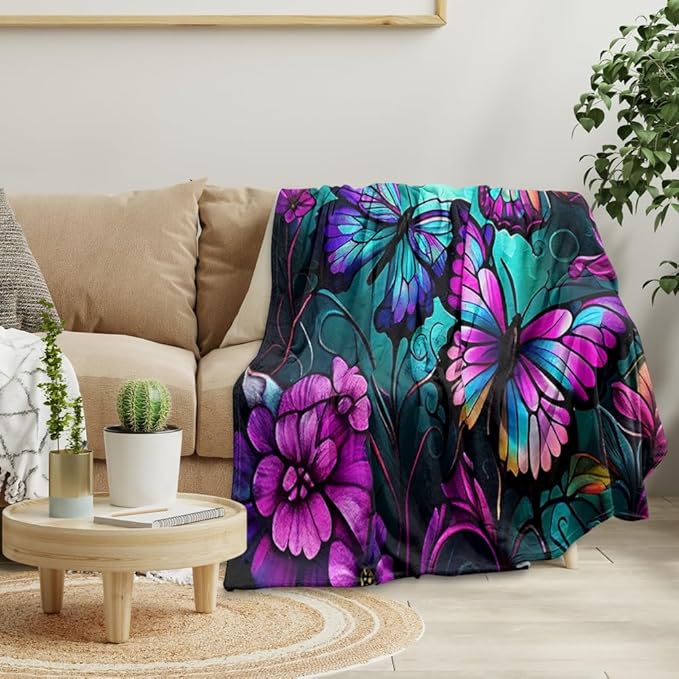 Butterfly Neon Throw Blankets for Women Farmhouse Blue Purple Colorful Butterflies Fleece Bed Blankets Ultra Soft Warm All Season Decorative Fleece Blankets for Chair Car Sofa Couch 30"X40"