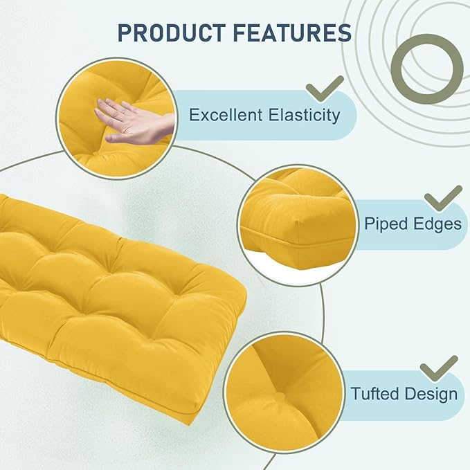 downluxe Outdoor Bench Cushion for Patio Furniture, Water Resistant Tufted Overstuffed Porch Swing Cushions, Thick Outdoor Loveseat Cushions, 44" X 19" X 5", Yellow, Set of 1