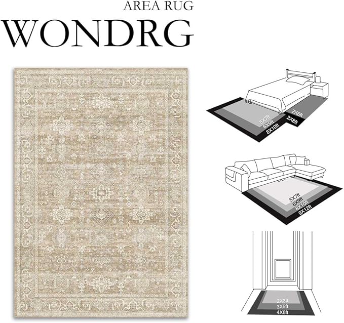 5x7 Washable Area Rug for Living Room Bedroom Vintage Beige Soft Low Pile Carpet Traditional Retro Non Slip Throw Rug for Dining Room Entryway Indoor Dorm Kitchen