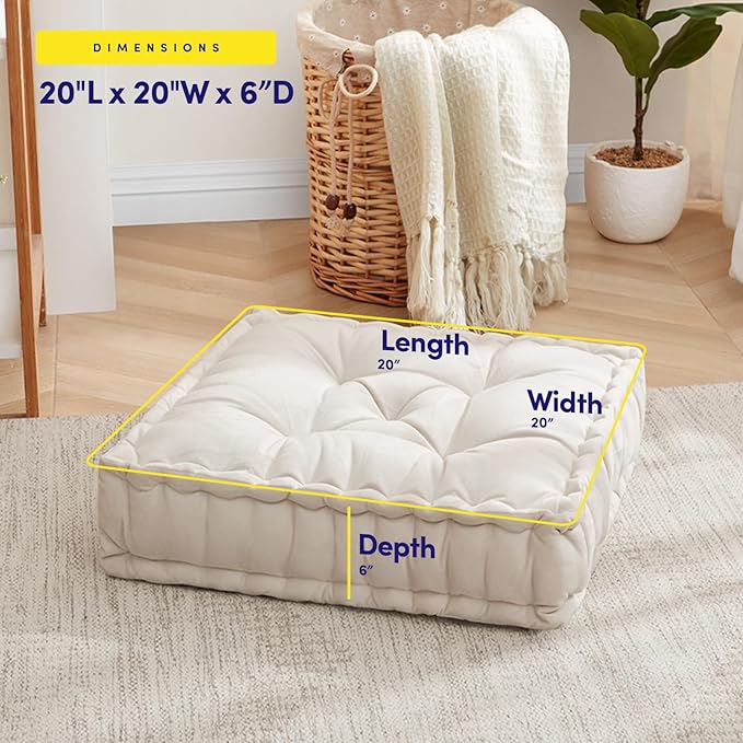 Floor Pillow Large Square Tufted Decorative Cushion 20" x 20" Faux Velvet Fabric Ultra Thick Fill for Kids and Adults, 2 Pack, Ivory