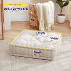Floor Pillow Large Square Tufted Decorative Cushion 20" x 20" Faux Velvet Fabric Ultra Thick Fill for Kids and Adults, 2 Pack, Ivory