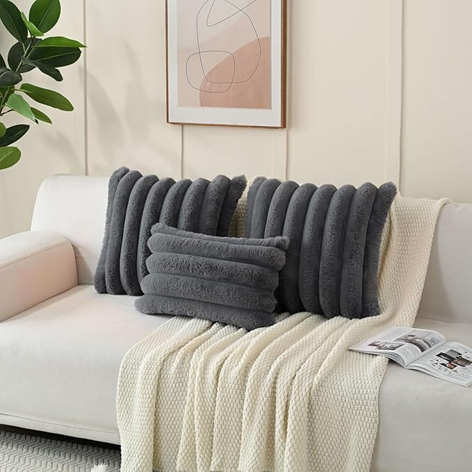 FUTEI Dark Grey Decorative Throw Pillow Covers 12x20 Inch Set of 2, Square Soft Faux Rabbit Fur Big Striped Cushion Cover,Home Decor for Couch Sofa Bed Living Room